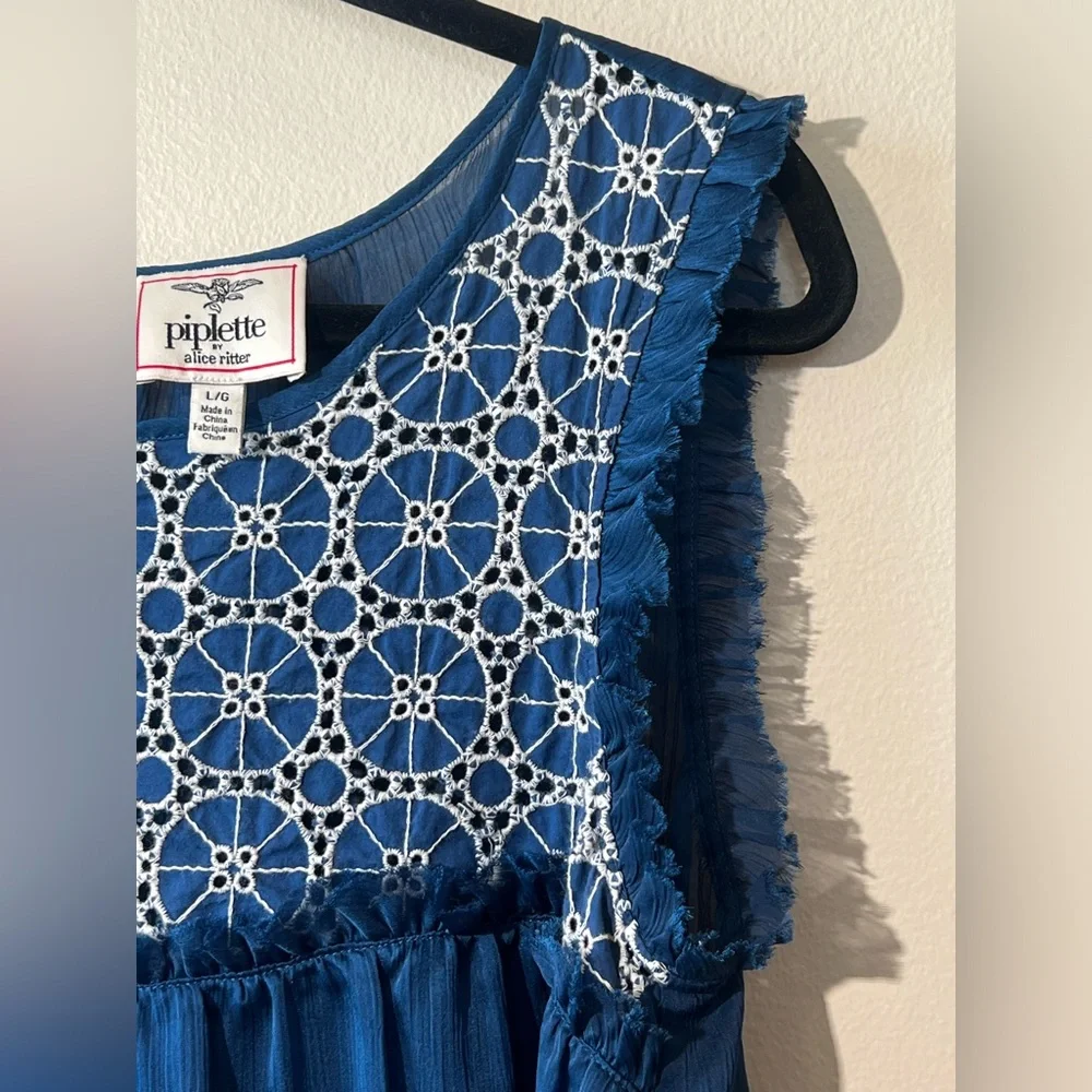 Piplette by Alice Ritter Blue Ruffle‎ Crochet Tank Top Women L Sleeveless Boho